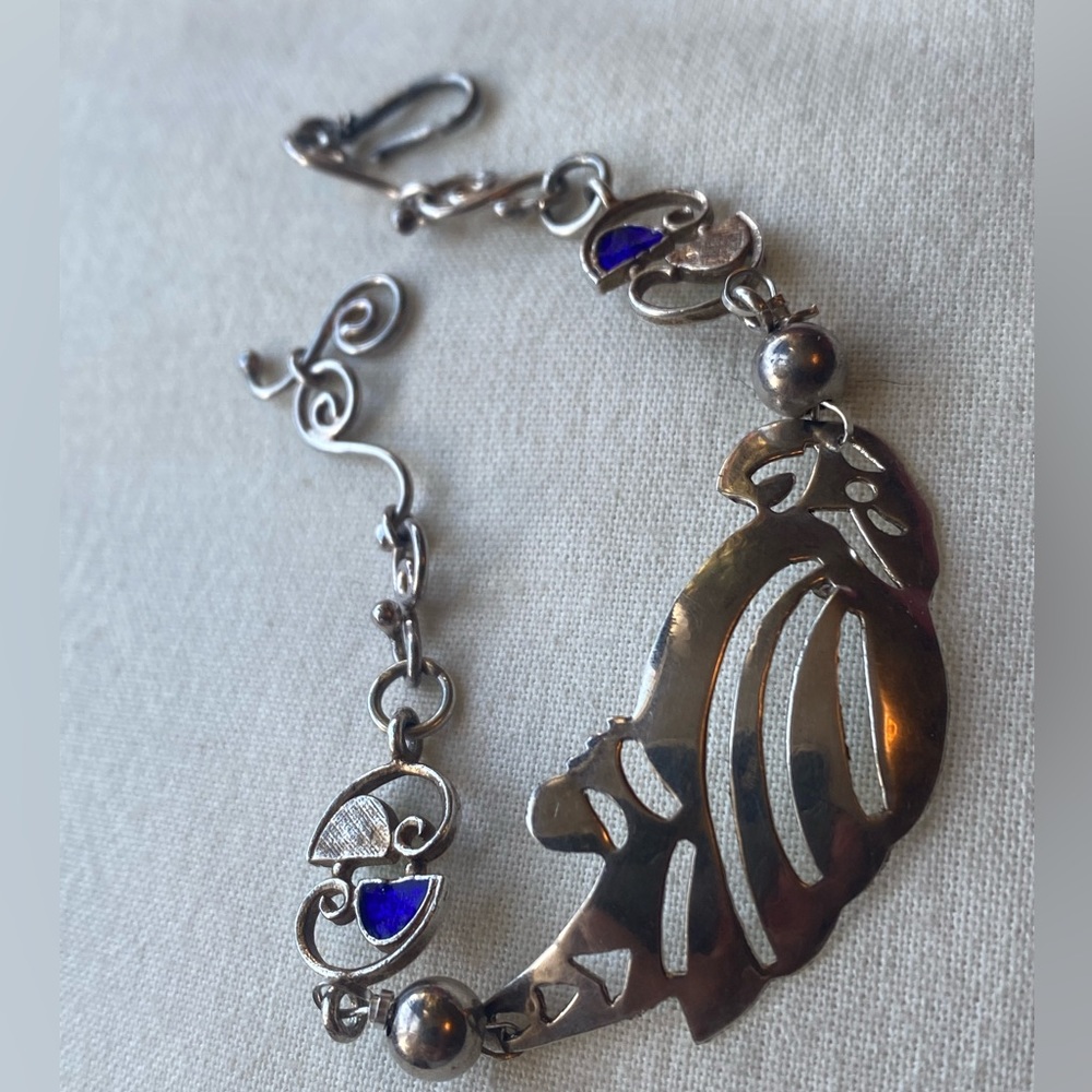 Vintage Art Deco Sterling Silver Enamel Tropicalia Parrot Bracelet